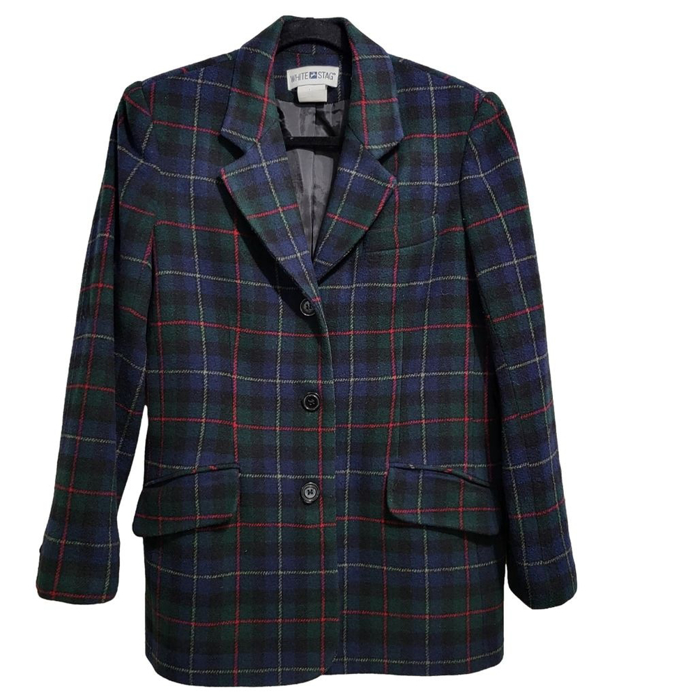 Women's White Stag Blazer Size 8 Blue Green Plaid